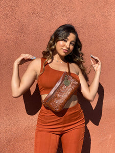 Hand tooled leather fanny pack from Chicana leather luxury designer in cognac
