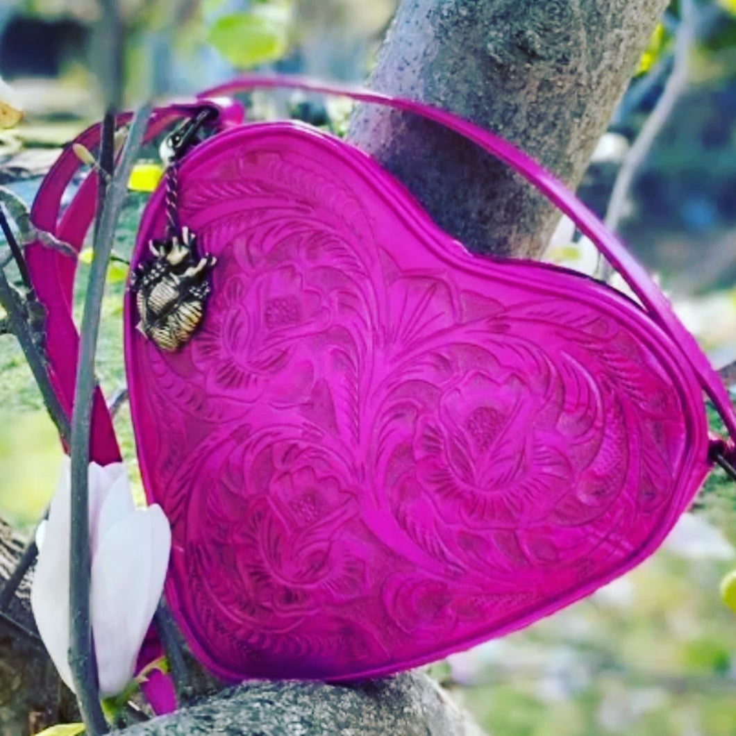 Hand tooled blue AMADA from Chicana leather luxury designer in heart shaped leather in Pink