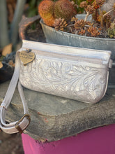 Hand tooled leather fanny pack from Chicana leather luxury designer in dusty rose or metallic silver