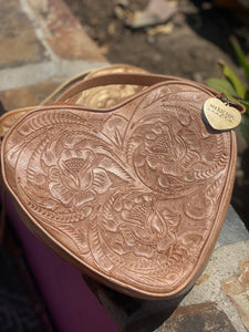 Hand tooled blue AMADA from Chicana leather luxury designer in heart shaped leather Nude Natural