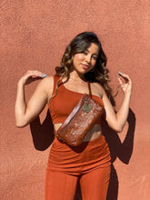 Hand tooled leather fanny pack from Chicana leather luxury designer in cognac