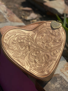 Hand tooled blue AMADA from Chicana leather luxury designer in goddess gold